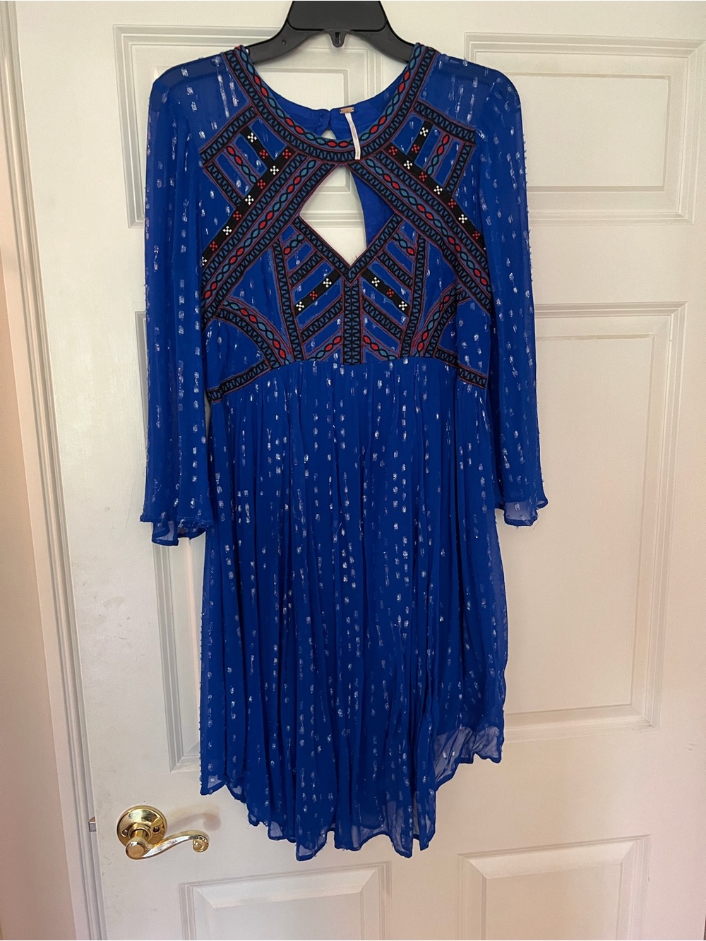 Free People Royal Blue Embroidered long sleeve Keyhole Dress